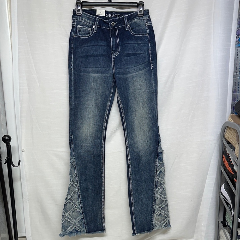 Grace Dark Blue Flare Jeans with Patterned Hem and Leg